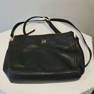 L&S Black Leather Shoulder Bag with Gold Accents